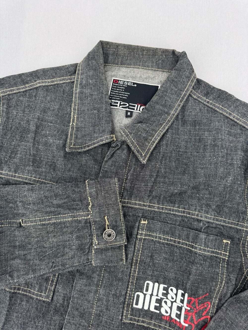 Diesel Denim Jacket Size M Dark Gray Graphic Pocket